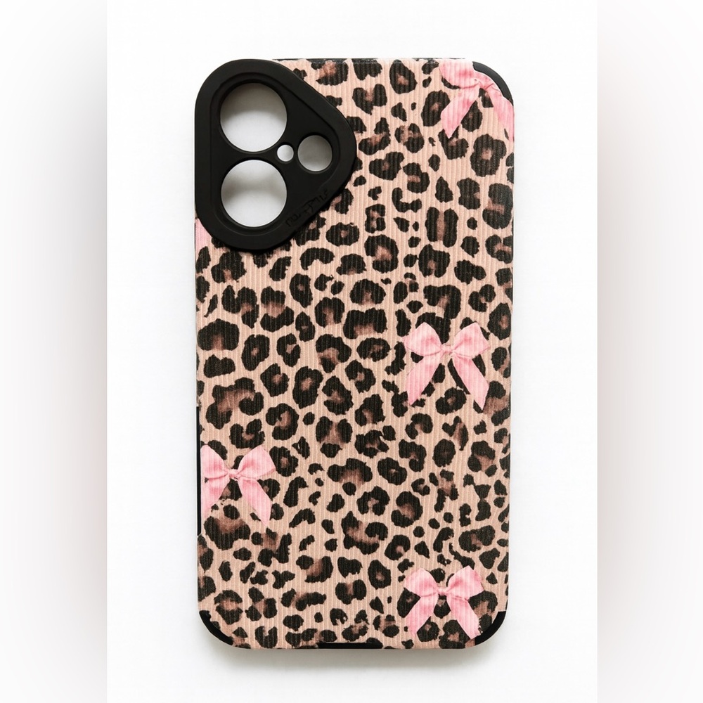 iPhone Phone Case Vertical Stripe PU Leopard Print with Pink Bows - Picture 3 of 5